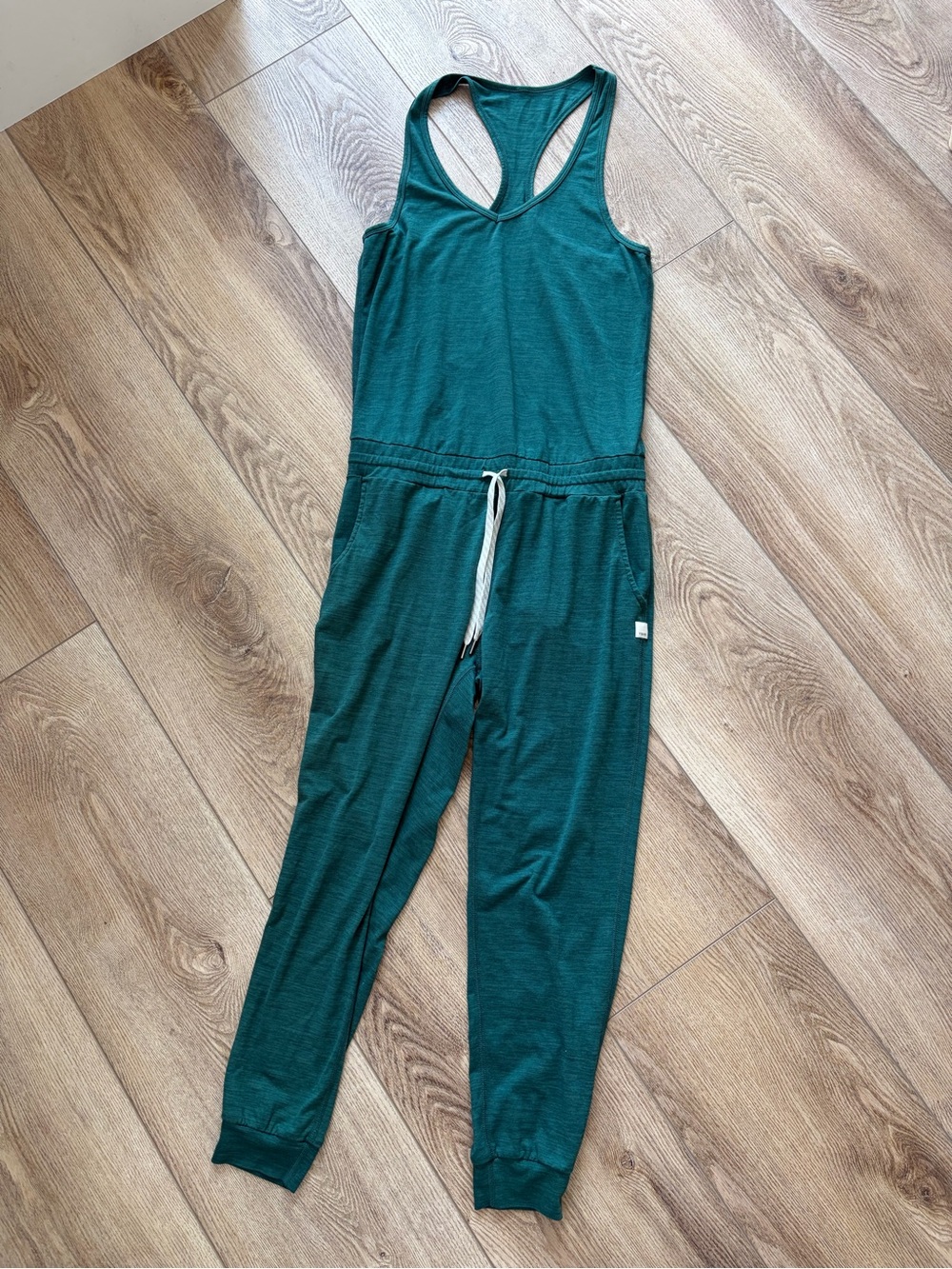 Vuori Teal Racerback Jumpsuit with Drawstring Waist and Jogger Style Leg